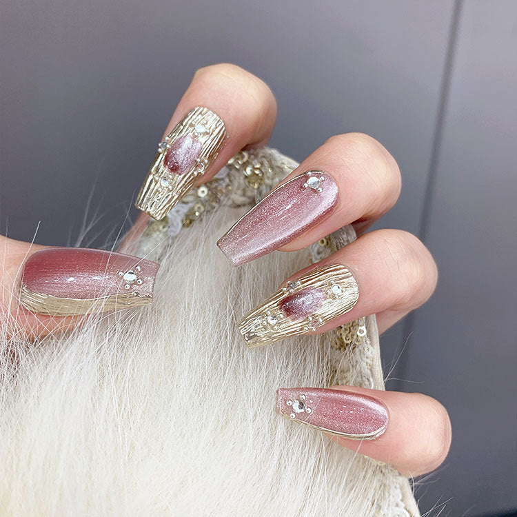 Glamorous Pink & Gold Cat Eye Handmade Acrylic Press-On Nails