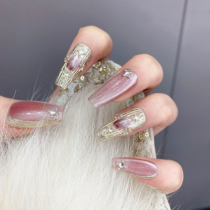Glamorous Pink & Gold Cat Eye Handmade Acrylic Press-On Nails