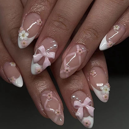 Cherry Ribbon Handmade Acrylic Press-On Nails | Intricate 3D Silver Bows & French Tips | Romantic Reusable Manicure| Fake Nails False Nails