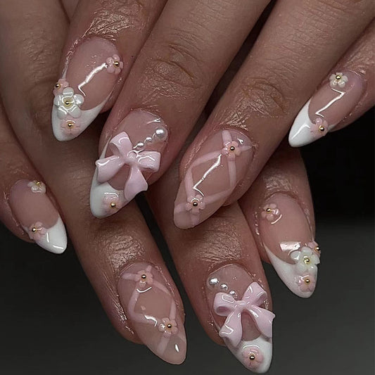 Cherry Ribbon Handmade Acrylic Press-On Nails | Intricate 3D Silver Bows & French Tips | Romantic Reusable Manicure| Fake Nails False Nails