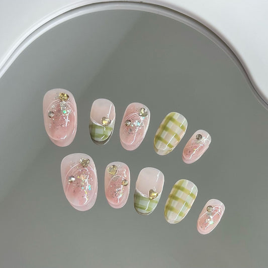 Strawberry Matcha Pink and Green Press on Nails |Kawaii Coquette Nails, Rhinestone Heart, Luxury Fake Nails