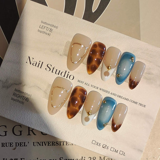 Golden Coast Acrylic Handmade Press-On Nails – Tortoise, Nude & Ocean Blue - Liliana Nail's