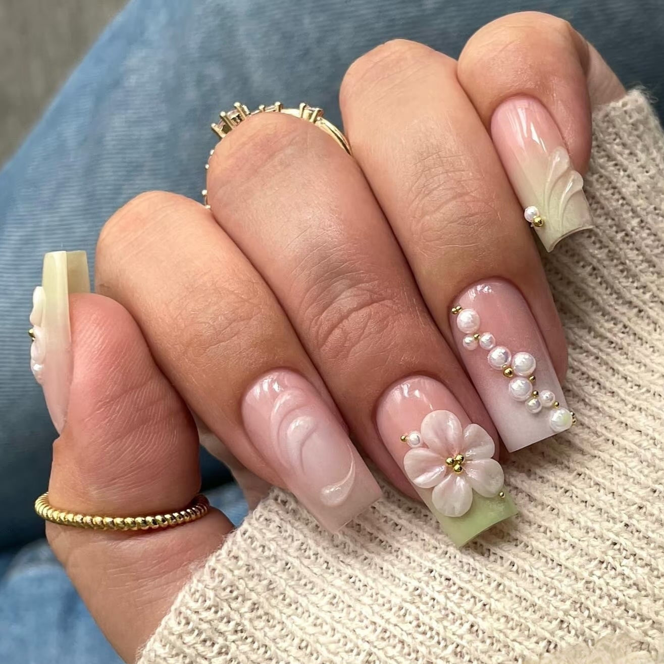 Elegant Garden Handmade Acrylic Press On Nails | 3D White Flowers, Green Tips & Pearls| Easy Stick-On Manicure | Fake Nails False Nails - Liliana Nail's