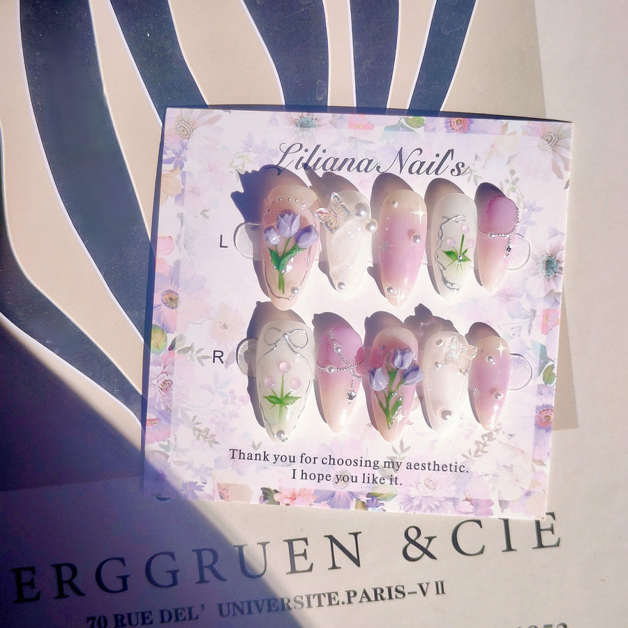 3D Floral Purple Tulip Garden Press-On Nails| Elegant 3D Flower Handmade Acrylic Floral Press-On Nails - Liliana Nail's