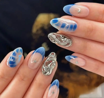 oyal Blue Chrome & Ombré Press-On Nails | Reusable 3D Swirl & Starburst Design | Abstract Manicure Set | Fake Nails False Nails - Liliana Nail's