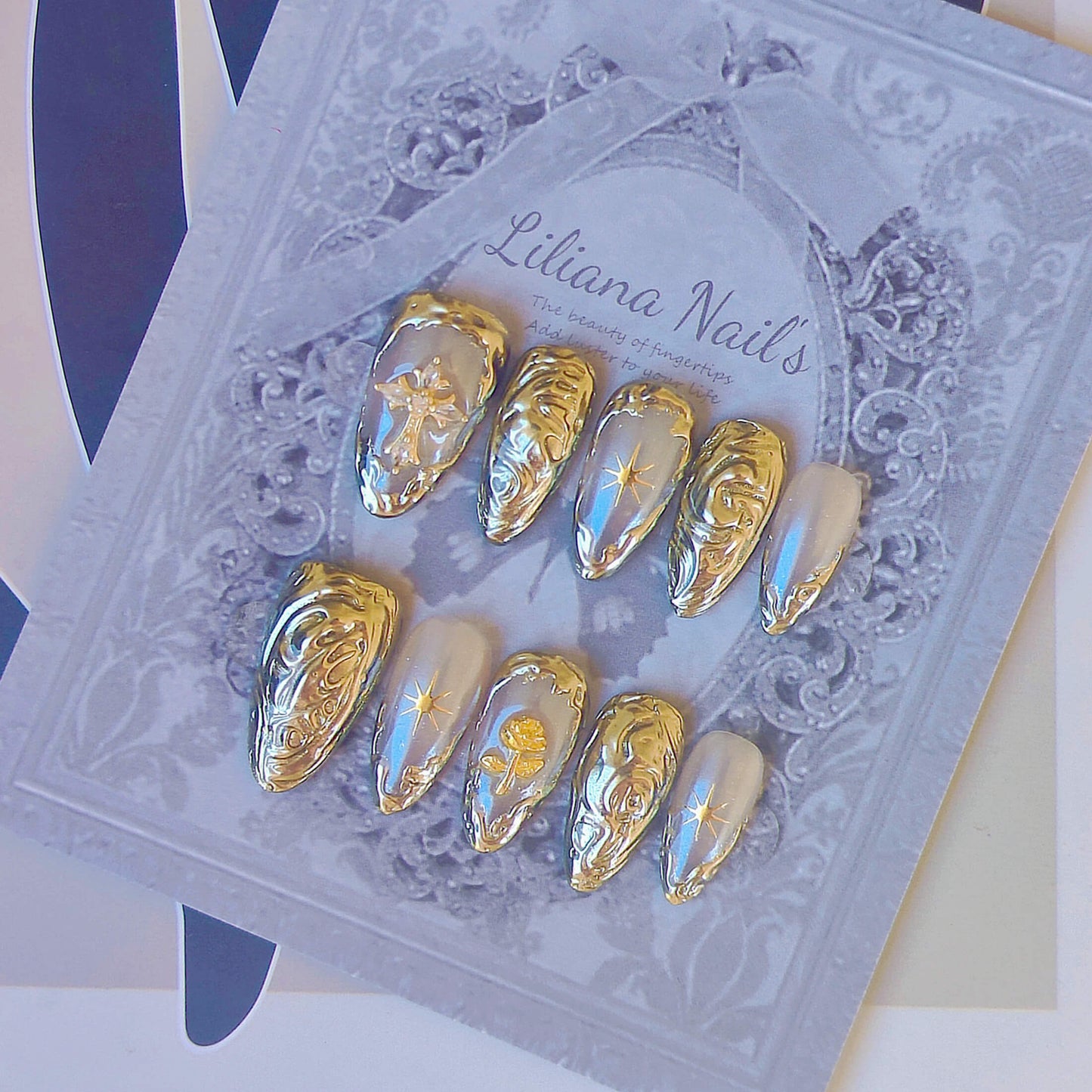 3D Baroque Gold Chrome Angel Aura 10pc Handmade Press-On Nails| Acrylic Almond Nails - Liliana Nail's