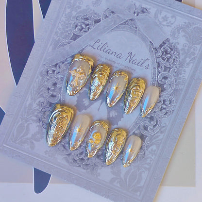 3D Baroque Gold Chrome Angel Aura 10pc Handmade Press-On Nails| Acrylic Almond Nails - Liliana Nail's