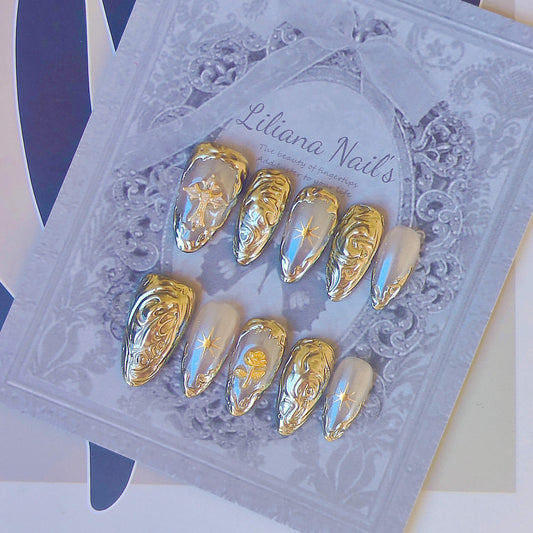 3D Baroque Gold Chrome Angel Aura 10pc Handmade Press-On Nails| Acrylic Almond Nails - Liliana Nail's
