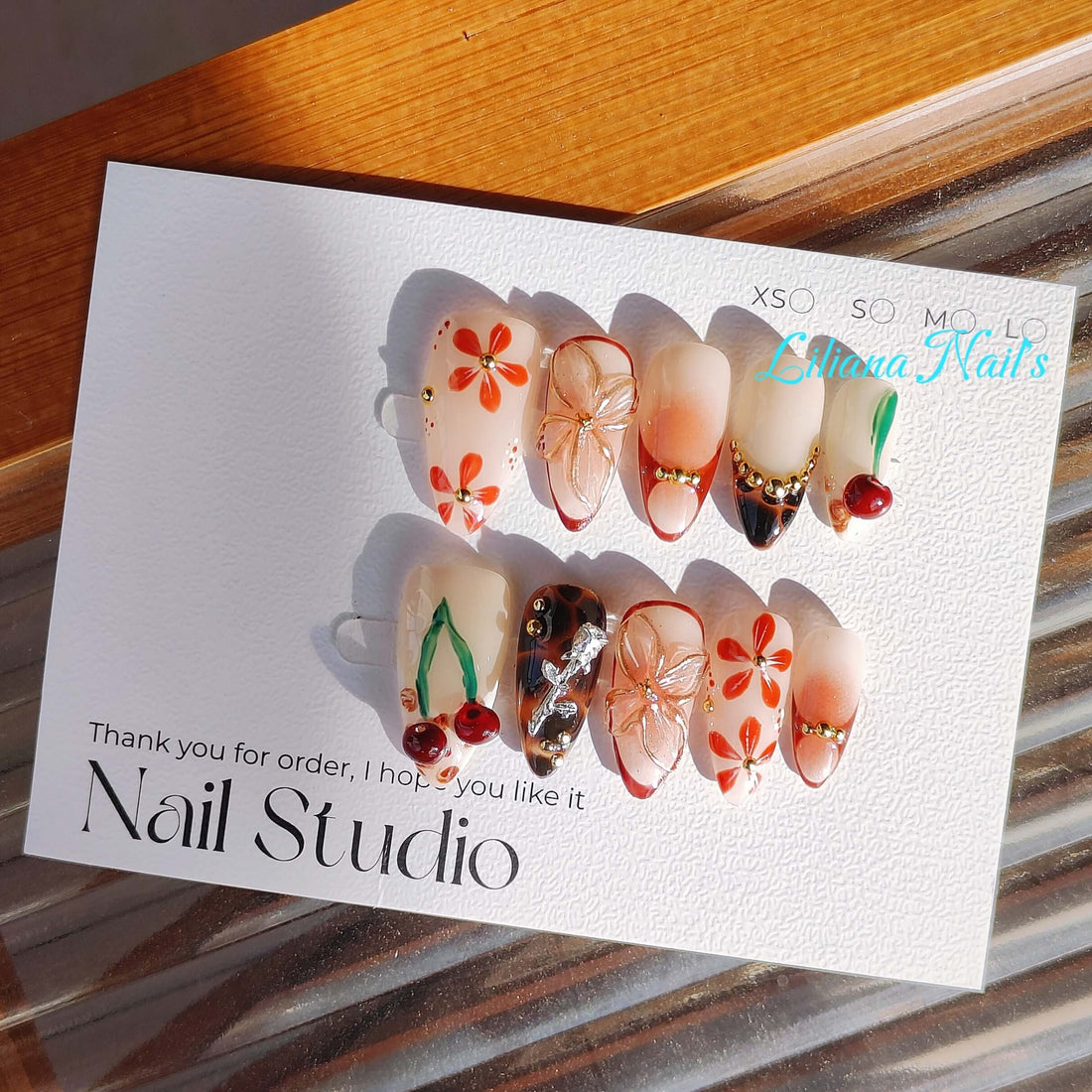 Cherry Blossom Picnic| 10pc 3D Flowers & Cherries Tortoise Acrylic Handmade Press-On Nails - Liliana Nail's