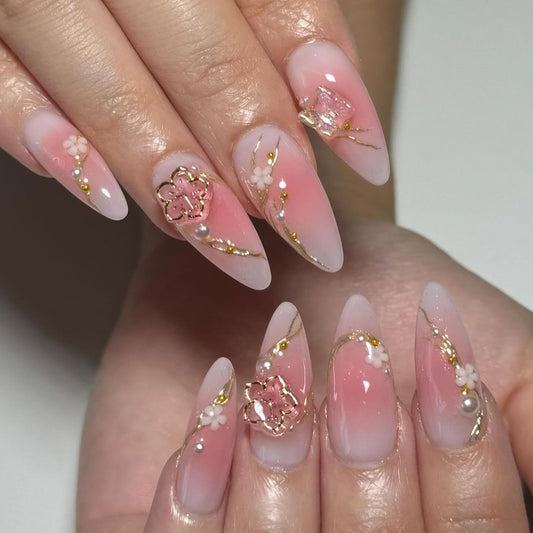 Sakura Blossom & Butterfly Press-On Nails| Elegant Flower Handmade Acrylic Floral Press-On Nails - Liliana Nail's