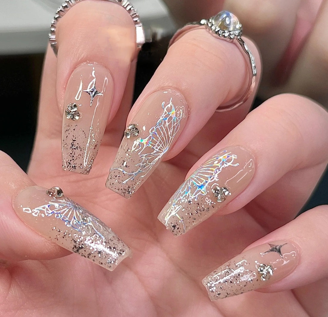 Nude Glitter Butterfly Medium Coffin 10pc Nails| Acrylic Handmade Press on Nails - Liliana Nail's