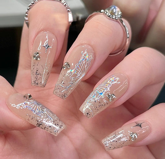 Nude Glitter Butterfly Medium Coffin 10pc Nails| Acrylic Handmade Press on Nails - Liliana Nail's