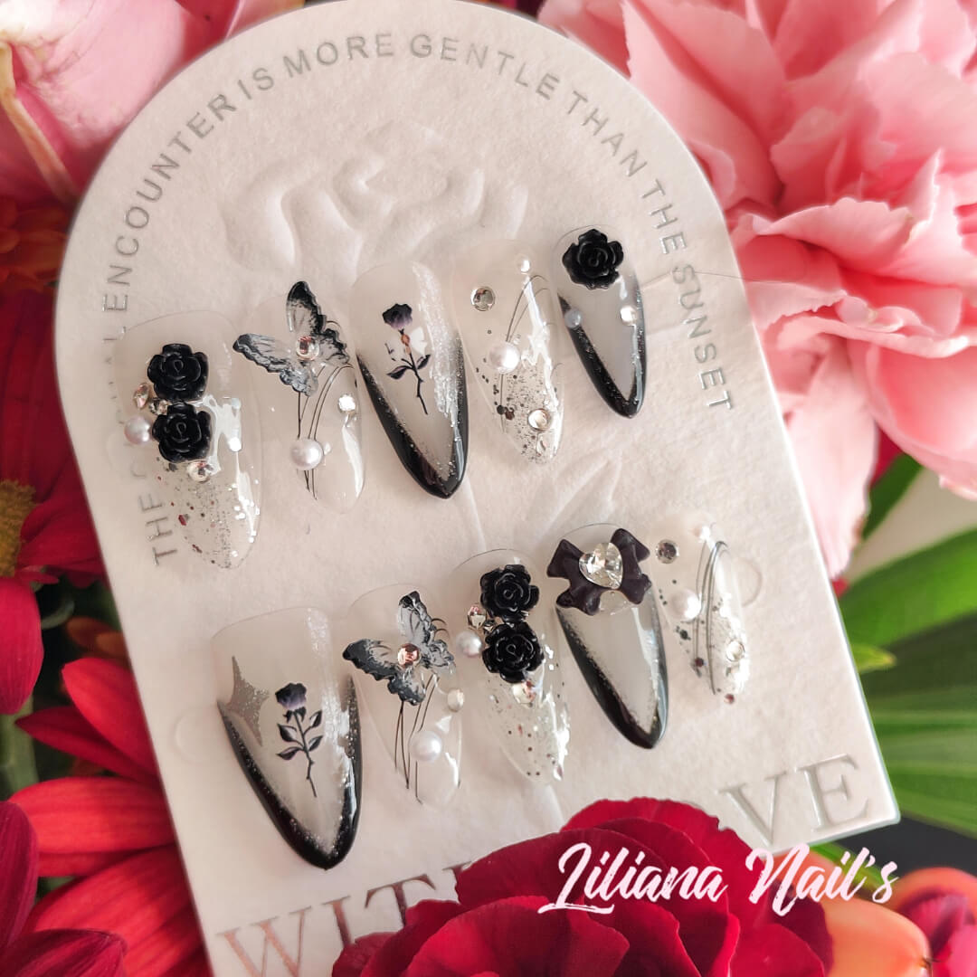 Gothic Garden – 10-Piece Black Rose & Pearl Acrylic Handmade Press-On Nails - Liliana Nail's