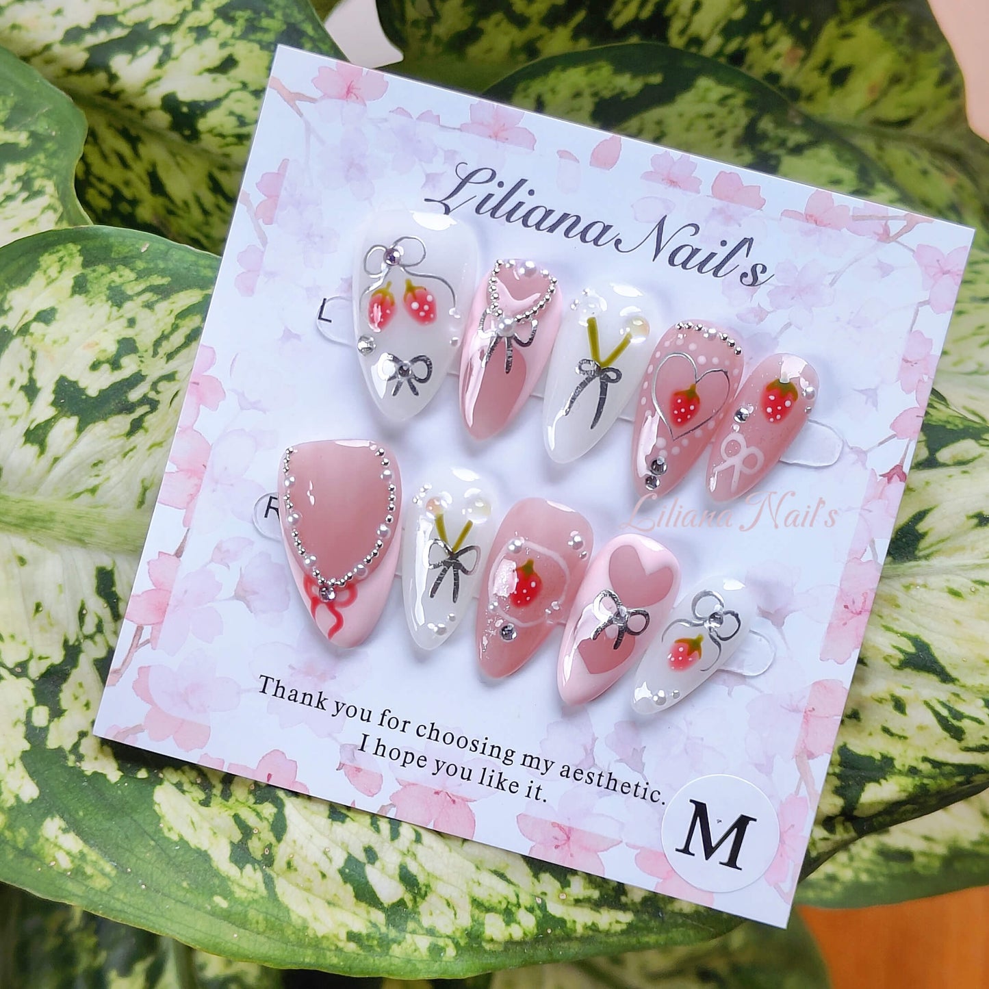 Coquette Strawberry Handmade Acrylic Press On Nails |  Easy Stick-On Manicure | Fake Nails False Nails