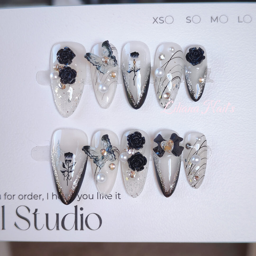 Gothic Garden – 10-Piece Black Rose & Pearl Acrylic Handmade Press-On Nails - Liliana Nail's
