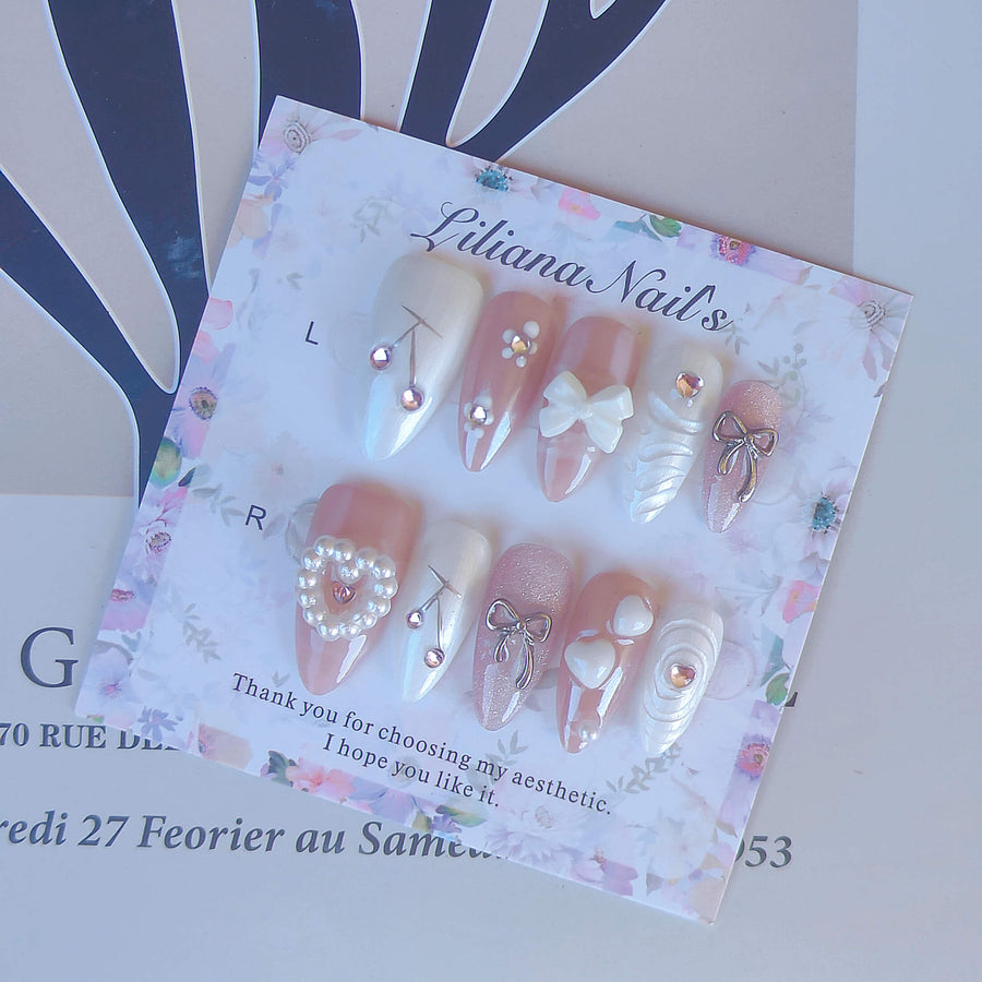 Luxe Nude & White Handmade Acrylic Press-On Nails | 3D Bows, Pearls & Chrome Accents | Elegant Reusable Manicure | Fake Nails False Nails - Liliana Nail's