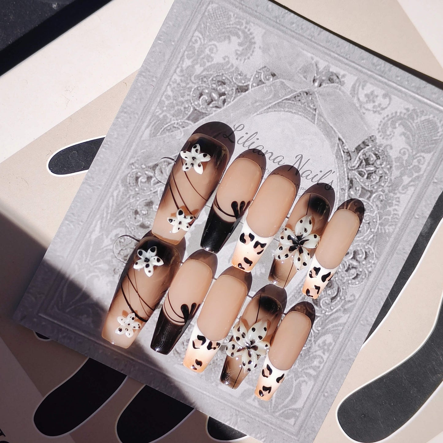 Cow Print Floral Press-On Nails – Nude & Black 3D Flower Design | Long Coffin Fake Nails - Liliana Nail's