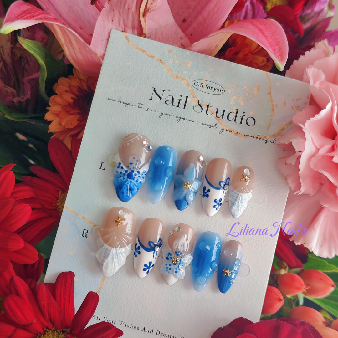 Azure Tides | Elegant Ocean-Inspired Handmade Acrylic Press-On Nails - Liliana Nail's