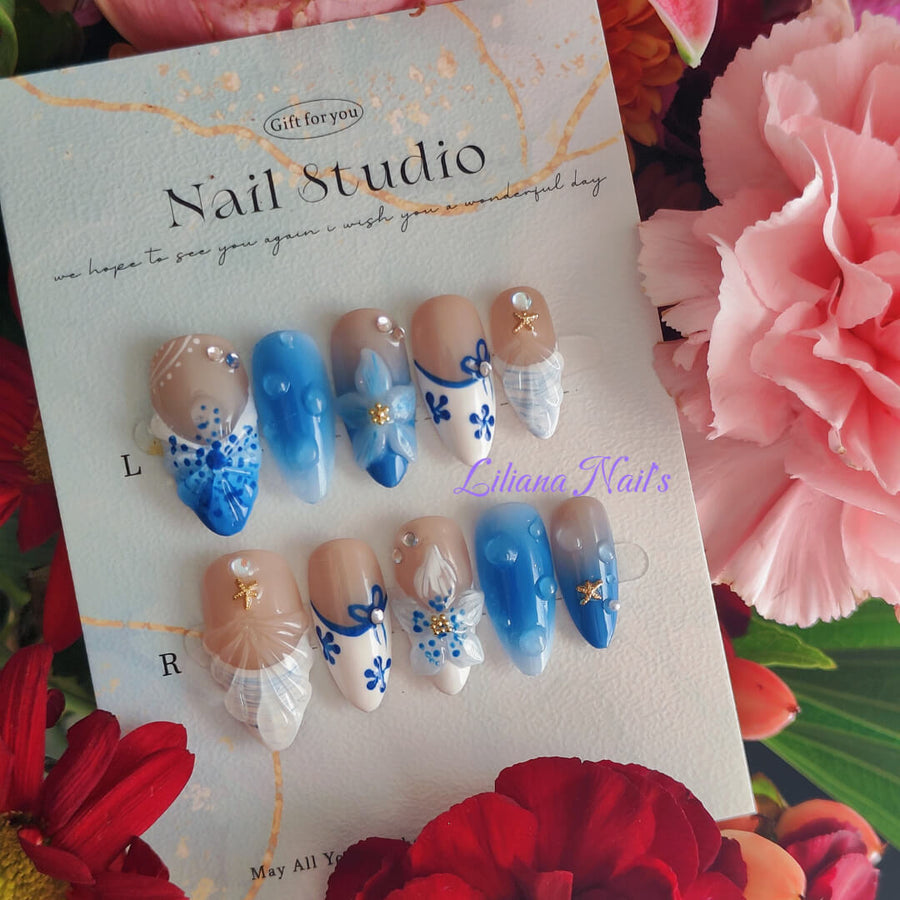 Azure Tides | Elegant Ocean-Inspired Handmade Acrylic Press-On Nails - Liliana Nail's