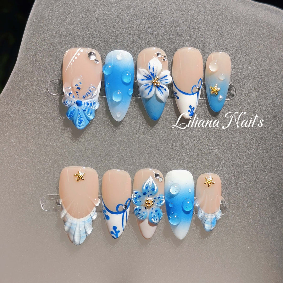Azure Tides | Elegant Ocean-Inspired Handmade Acrylic Press-On Nails - Liliana Nail's