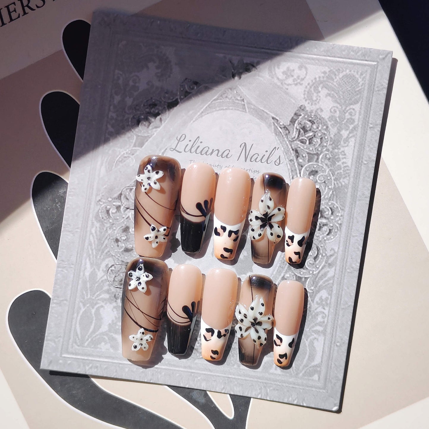 Cow Print Floral Press-On Nails – Nude & Black 3D Flower Design | Long Coffin Fake Nails - Liliana Nail's