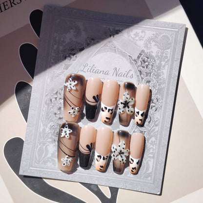 Cow Print Floral Press-On Nails – Nude & Black 3D Flower Design | Long Coffin Fake Nails - Liliana Nail's