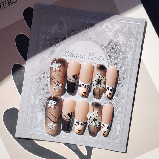 Cow Print Floral Press-On Nails – Nude & Black 3D Flower Design | Long Coffin Fake Nails - Liliana Nail's