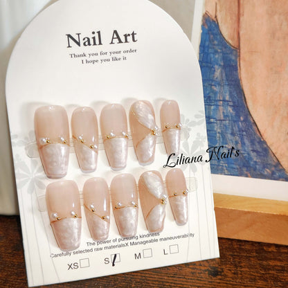 Nude and White Press on Nails | 3D Gold Lines, Pearl Nails, Elegant Swirl, Coquette Nails, Luxury Bridal Fake Nails
