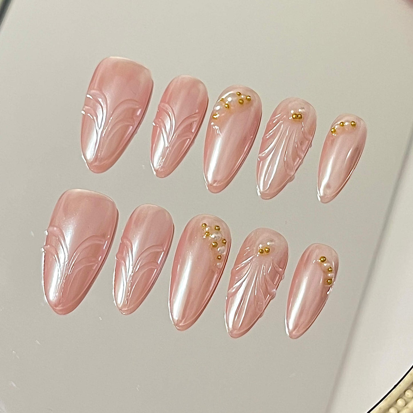 Glazed Donut Handmade Acrylic Press-On Nails | Pink Pearl Chrome Nails| Easy Stick-On Manicure | Fake Nails False Nails - Liliana Nail's