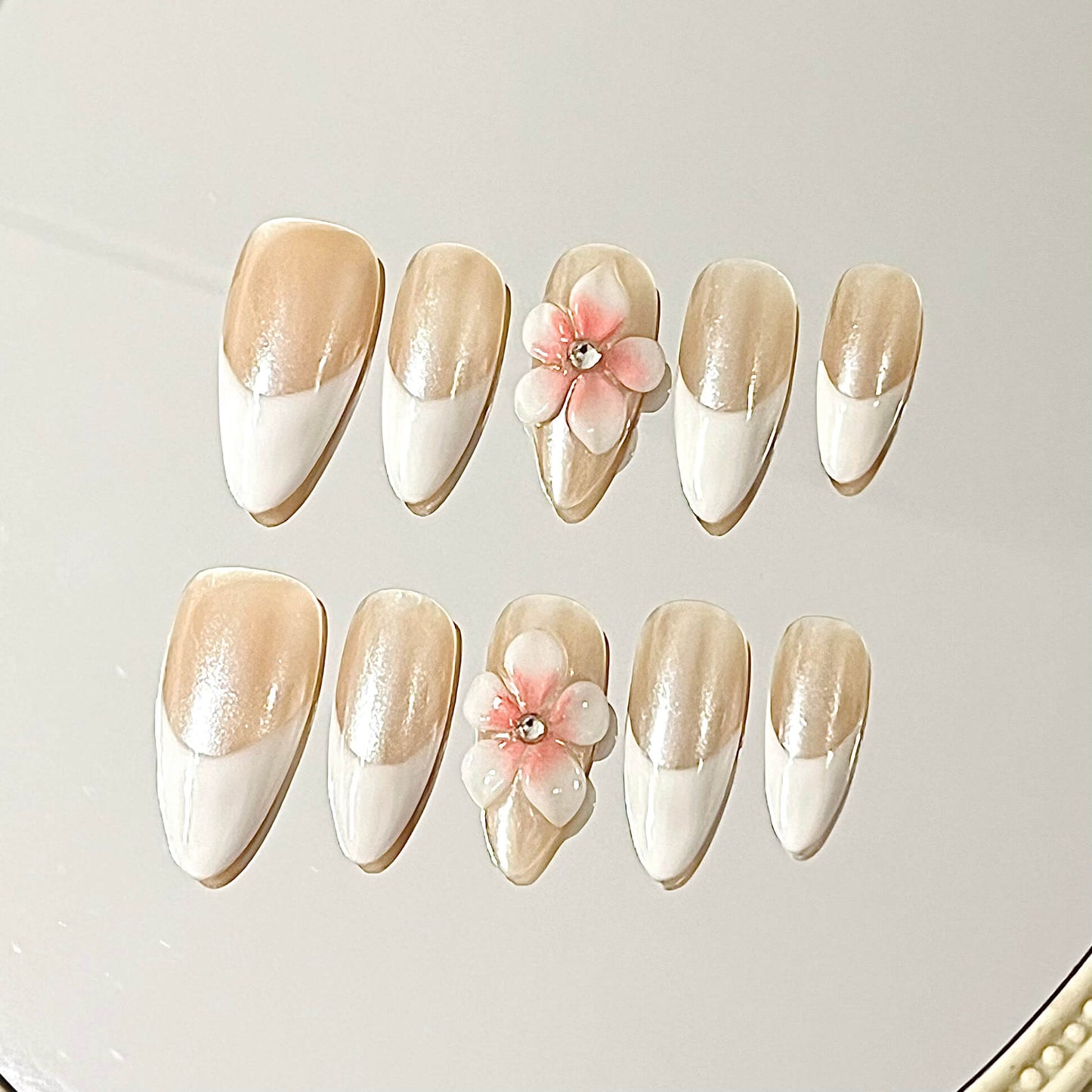 Clear White 3D Floral French Tip Handmade Acrylic Press-On Nails | Cute Reusable Manicure | Fake Nails False Nails