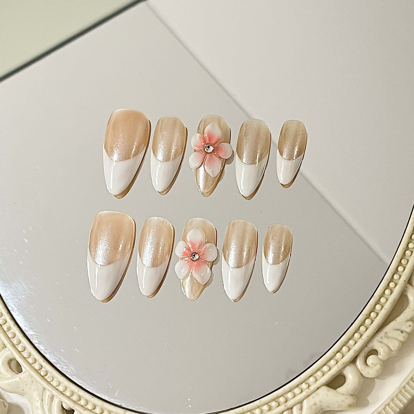 Clear White 3D Floral French Tip Handmade Acrylic Press-On Nails | Cute Reusable Manicure | Fake Nails False Nails