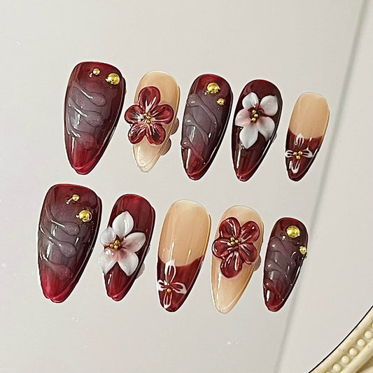 Autumn Bloom Ruby Red Press-On Nails | Handmade Acrylic Press-On Nails Fake Nails False Nails - Liliana Nail's