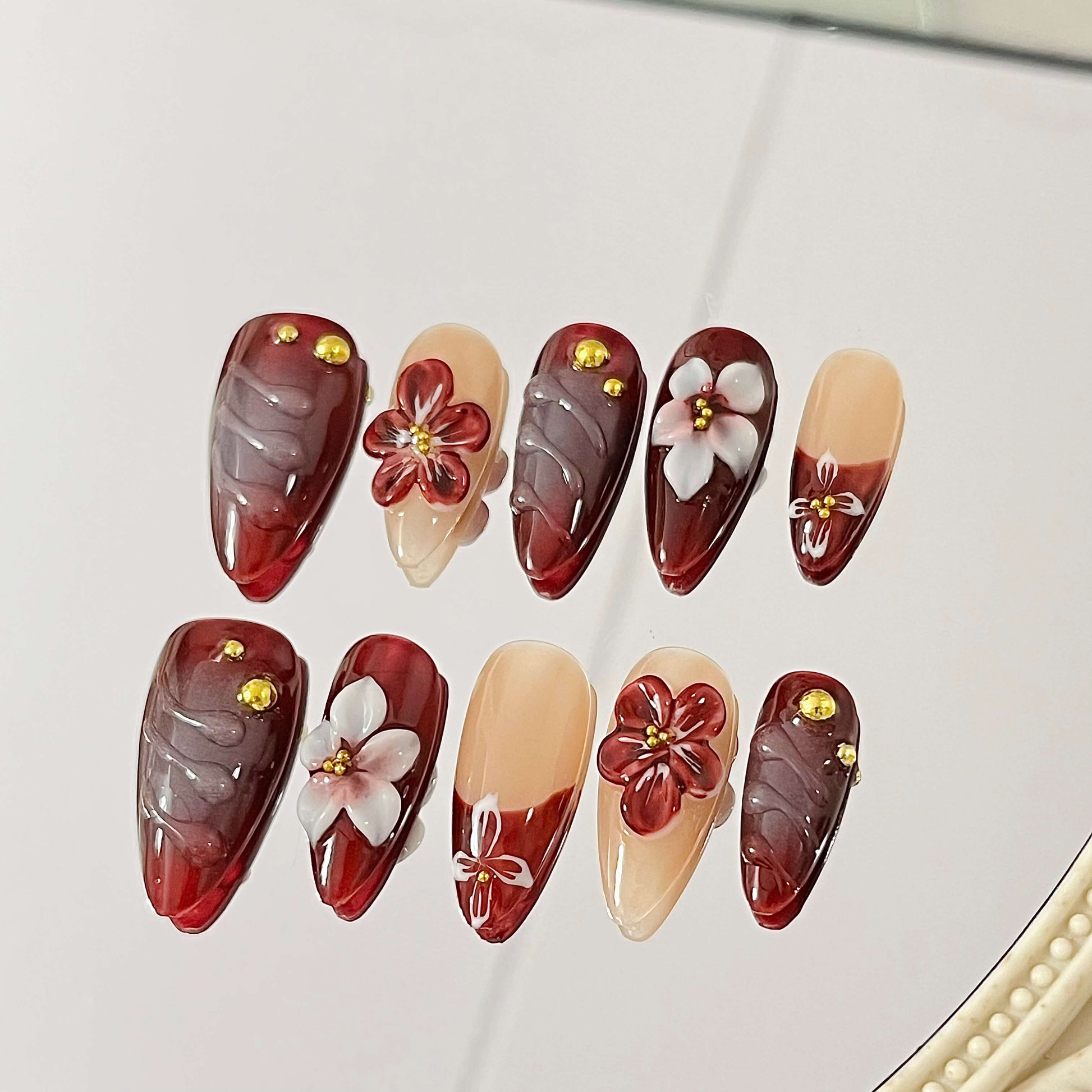 Autumn Bloom Ruby Red Press-On Nails | Handmade Acrylic Press-On Nails Fake Nails False Nails - Liliana Nail's
