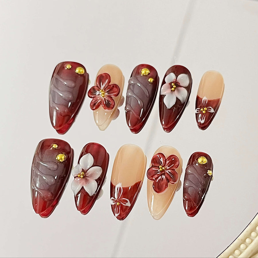 Autumn Bloom Ruby Red Press-On Nails | Handmade Acrylic Press-On Nails Fake Nails False Nails - Liliana Nail's