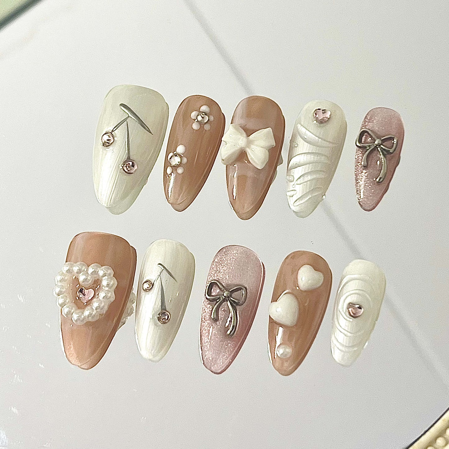 Luxe Nude & White Handmade Acrylic Press-On Nails | 3D Bows, Pearls & Chrome Accents | Elegant Reusable Manicure | Fake Nails False Nails - Liliana Nail's