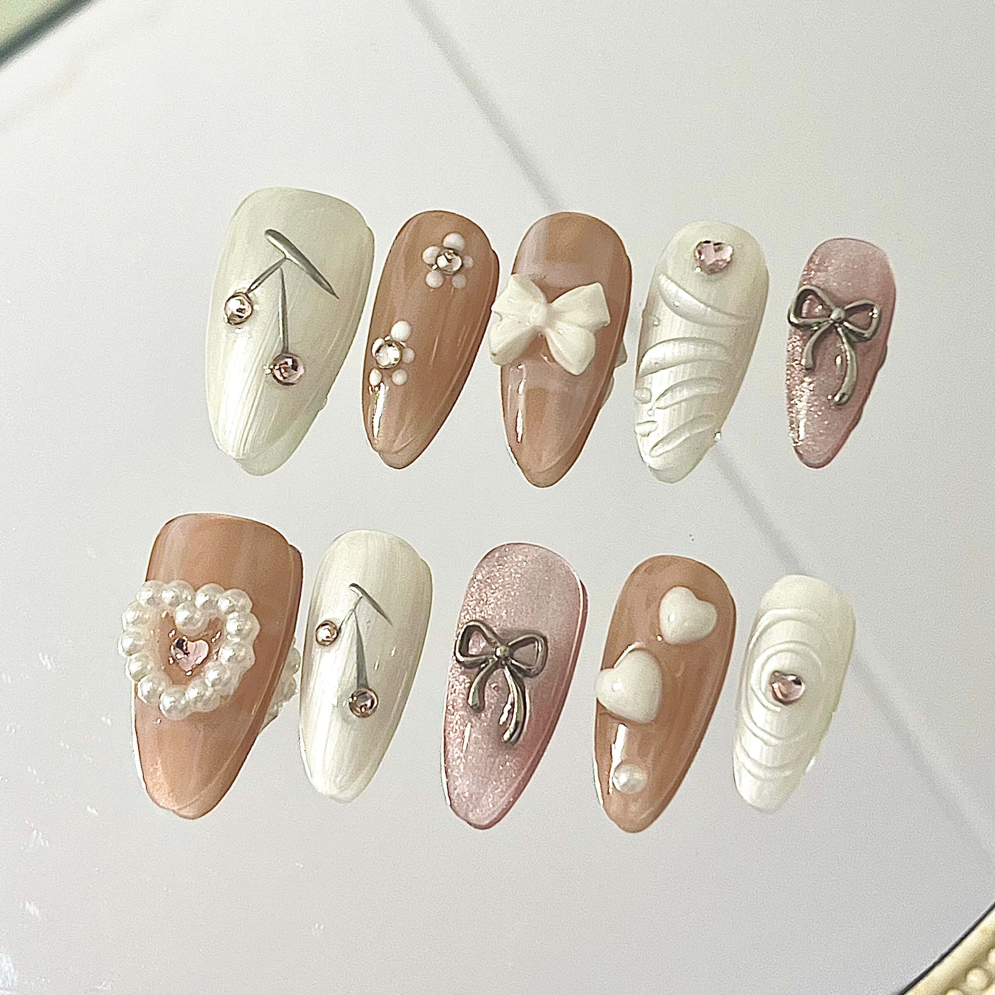 Luxe Nude & White Handmade Acrylic Press-On Nails | 3D Bows, Pearls & Chrome Accents | Elegant Reusable Manicure | Fake Nails False Nails - Liliana Nail's