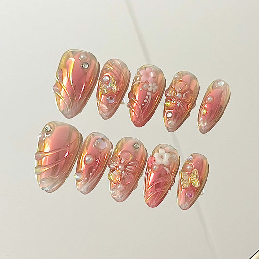 Pink Floral Handmade Acrylic Press-On Nails | Cute Reusable Manicure | Fake Nails False Nails