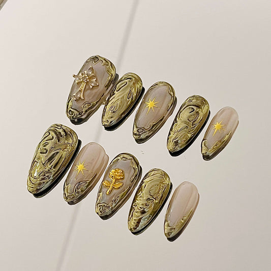 3D Baroque Gold Chrome Angel Aura 10pc Handmade Press-On Nails| Acrylic Almond Nails - Liliana Nail's