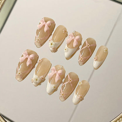 Cherry Ribbon Handmade Acrylic Press-On Nails | Intricate 3D Silver Bows & French Tips | Romantic Reusable Manicure| Fake Nails False Nails