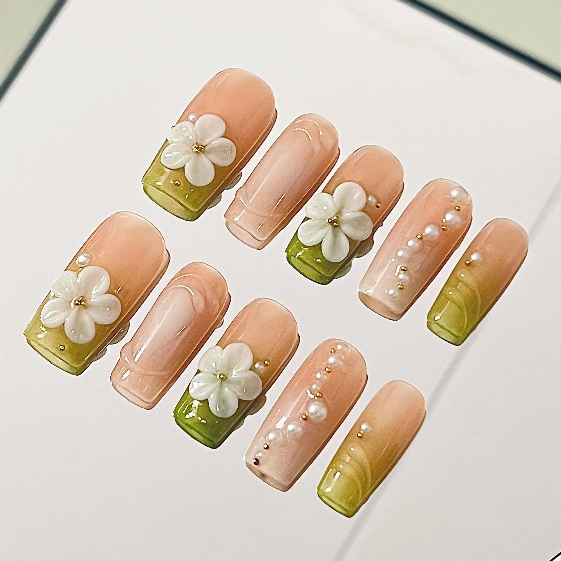 Elegant Garden Handmade Acrylic Press On Nails | 3D White Flowers, Green Tips & Pearls| Easy Stick-On Manicure | Fake Nails False Nails - Liliana Nail's
