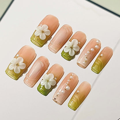 Elegant Garden Handmade Acrylic Press On Nails | 3D White Flowers, Green Tips & Pearls| Easy Stick-On Manicure | Fake Nails False Nails - Liliana Nail's