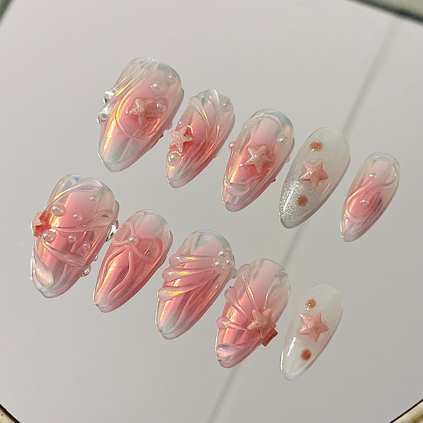 Pink Chrome Star Handmade Acrylic Press-On Nails | Cute Reusable Manicure | Fake Nails False Nails