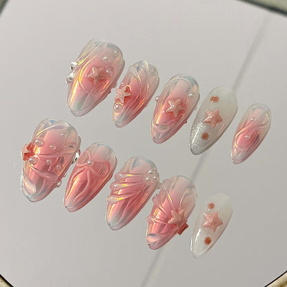 Pink Chrome Star Handmade Acrylic Press-On Nails | Cute Reusable Manicure | Fake Nails False Nails