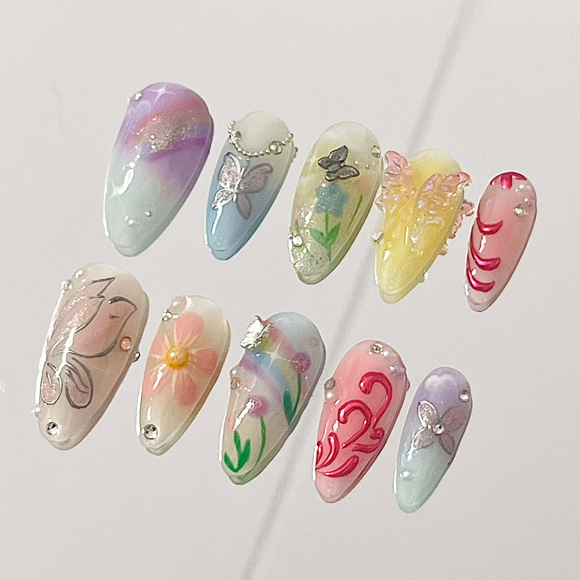Whimsical Butterfly & Floral Elegant Handmade Acrylic Floral Press-On Nails Fake Nails False Nails - Liliana Nail's