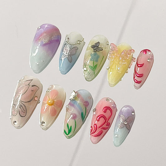 Whimsical Butterfly & Floral Elegant Handmade Acrylic Floral Press-On Nails Fake Nails False Nails - Liliana Nail's