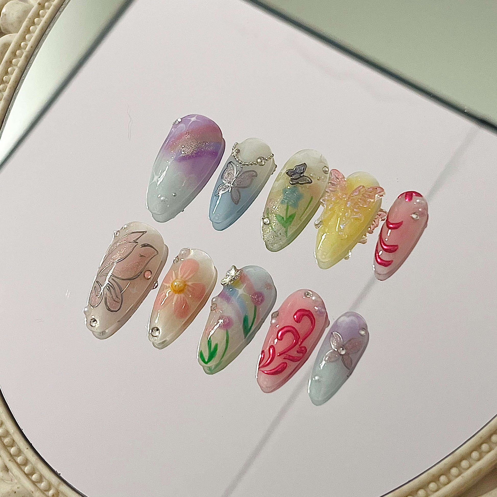 Whimsical Butterfly & Floral Elegant Handmade Acrylic Floral Press-On Nails Fake Nails False Nails - Liliana Nail's