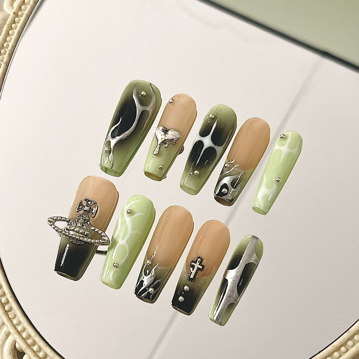 Y2K Chrome Slime Drip Press-On Nails – Green & Nude Alien Vibes | Long Coffin with Bling & 3D Charms - Liliana Nail's