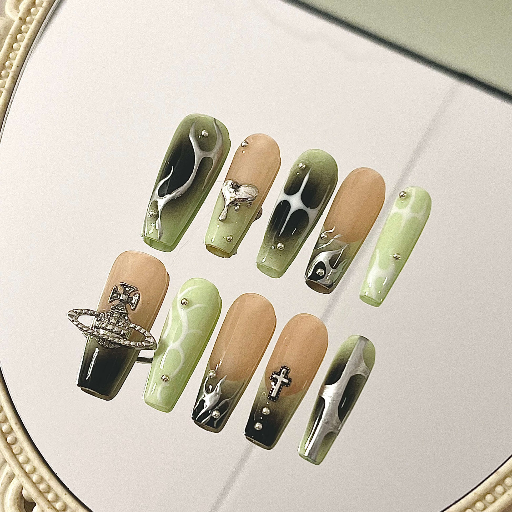 Y2K Chrome Slime Drip Press-On Nails – Green & Nude Alien Vibes | Long Coffin with Bling & 3D Charms - Liliana Nail's