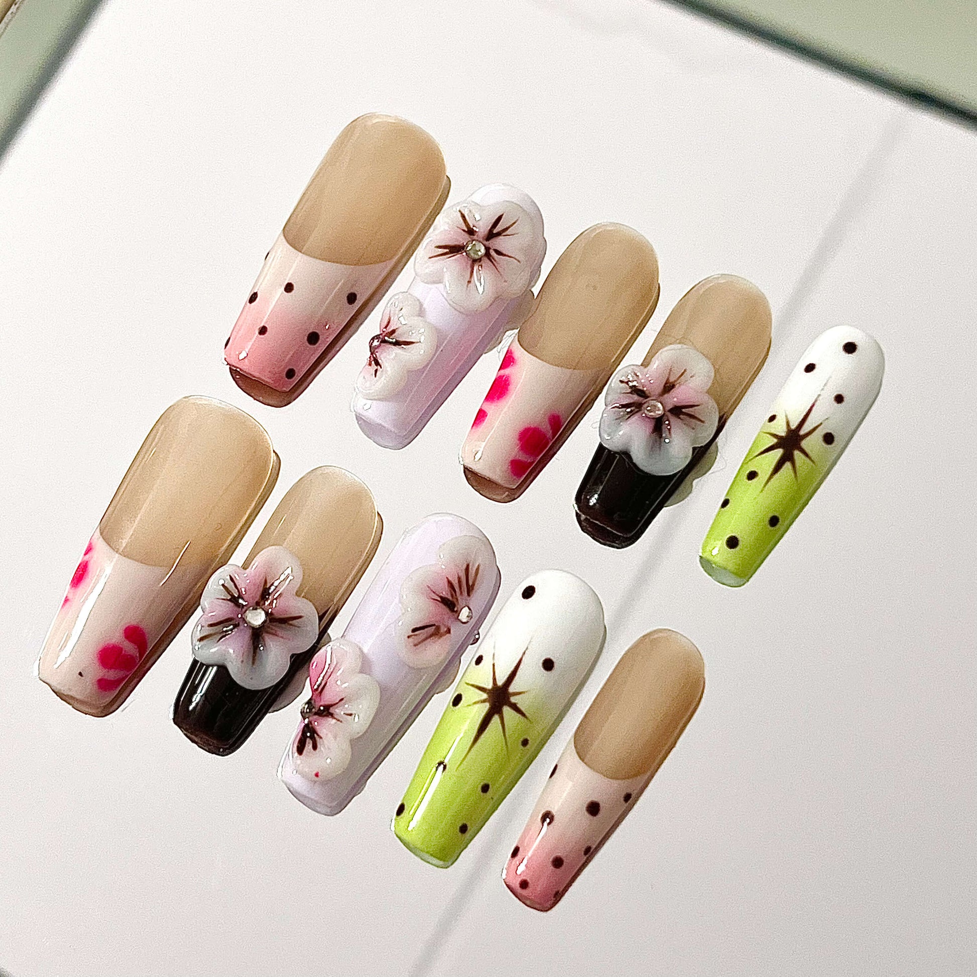 Sakura Blossoms 3D Flower Handmade Acrylic Press On Nails| Long Coffin Nails Fake Nails - Liliana Nail's