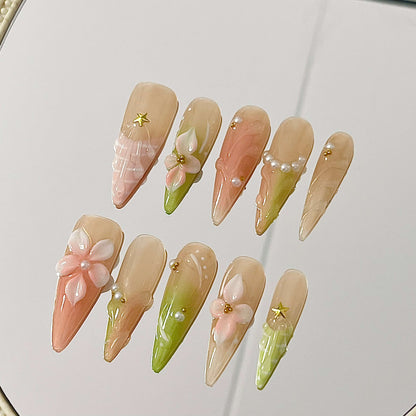 Sweet Spring Handmade Acrylic Press-On Nails |3D Flowers & Seashell Nails | Reusable Manicure | Fake Nails False Nails